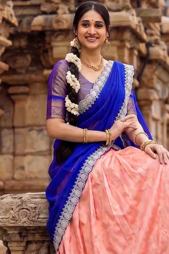 South Indian Style Peach Kanchipuram Silk Lehenga Choli Set for Women