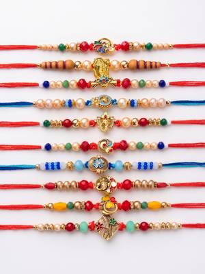 set of 10 artificial stones & beads thread rakhi with roli chawal chandan mishri 5