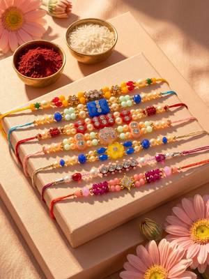 set of 7 multicolor designer thread rakhi with roli chawal chandan mishri 1