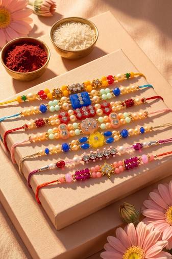 set of 7 multicolor designer thread rakhi with roli chawal chandan mishri