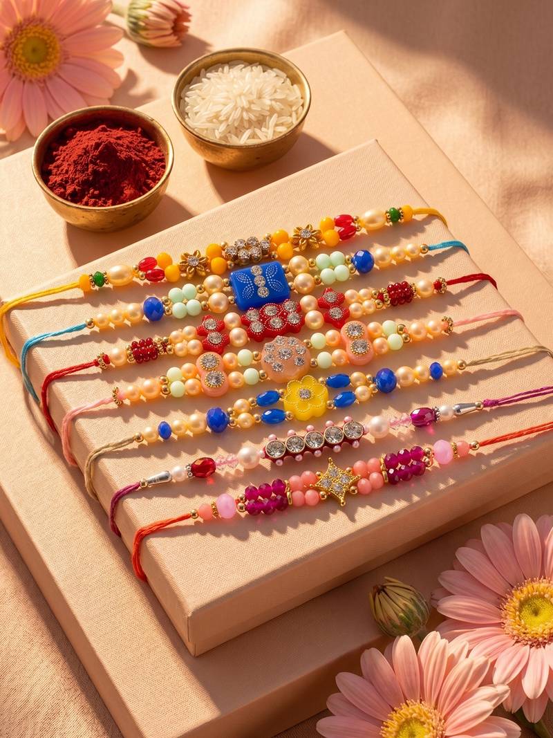 set of 7 multicolor designer thread rakhi with roli chawal chandan mishri