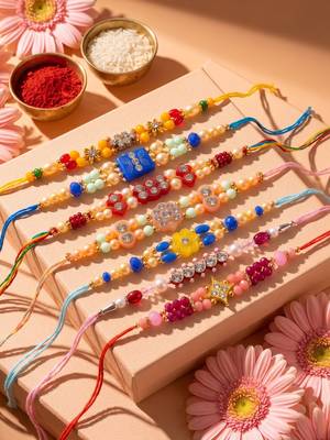 set of 7 multicolor designer thread rakhi with roli chawal chandan mishri 2