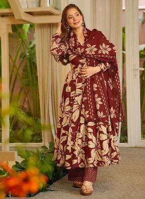 Floral printed muslin v neck maroon anarkali set 1