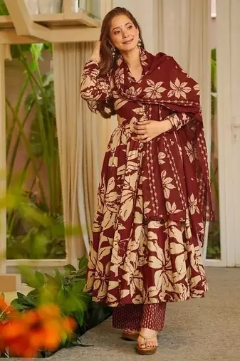Floral printed muslin v neck maroon anarkali set