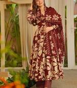 Floral printed muslin v neck maroon anarkali set