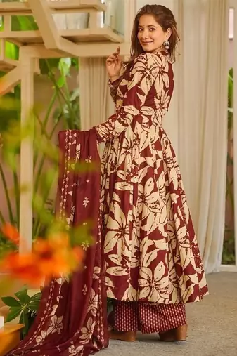 Floral printed muslin v neck maroon anarkali set