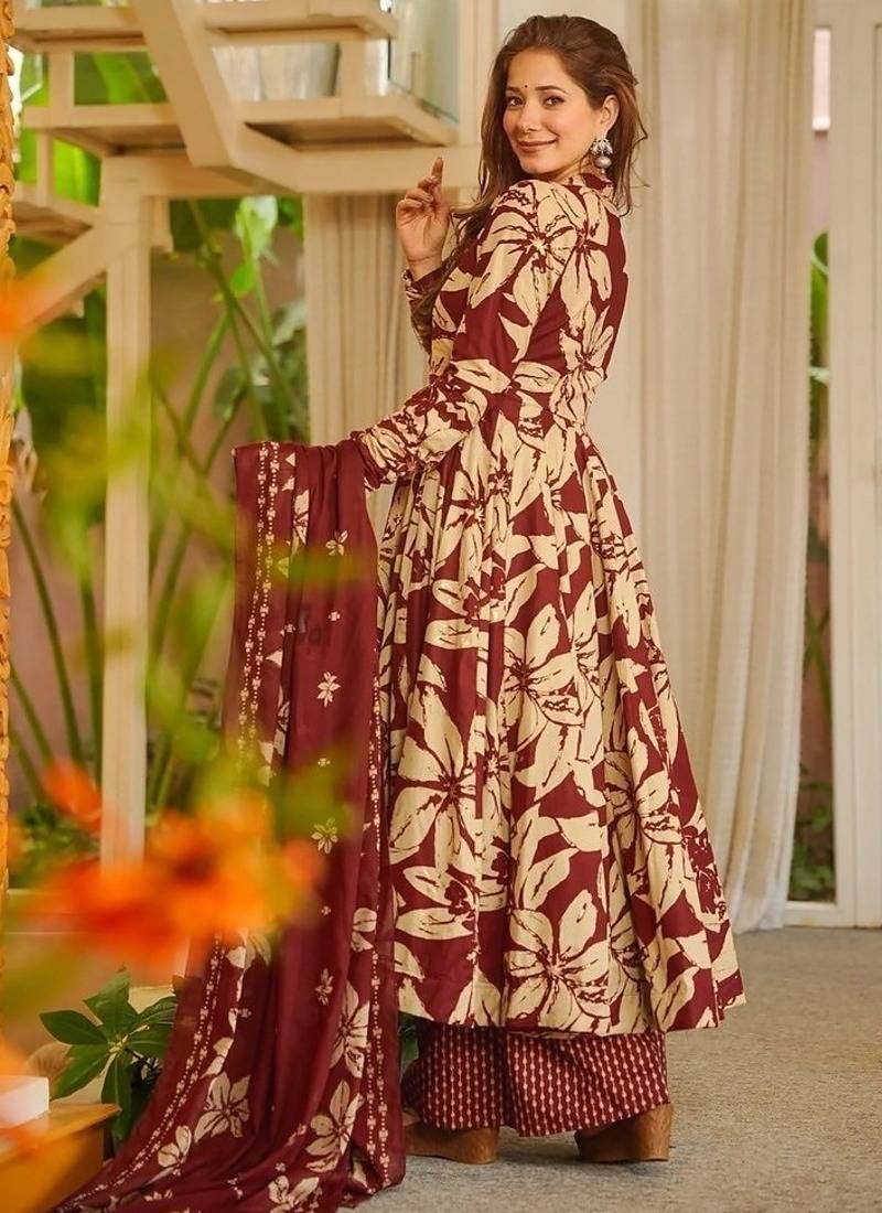 Floral printed muslin v neck maroon anarkali set