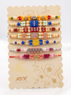 set of 7 multicolor designer thread rakhi with roli chawal chandan mishri 5