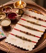 set of 5 multicolor designer thread rakhi with roli chawal chandan mishri
