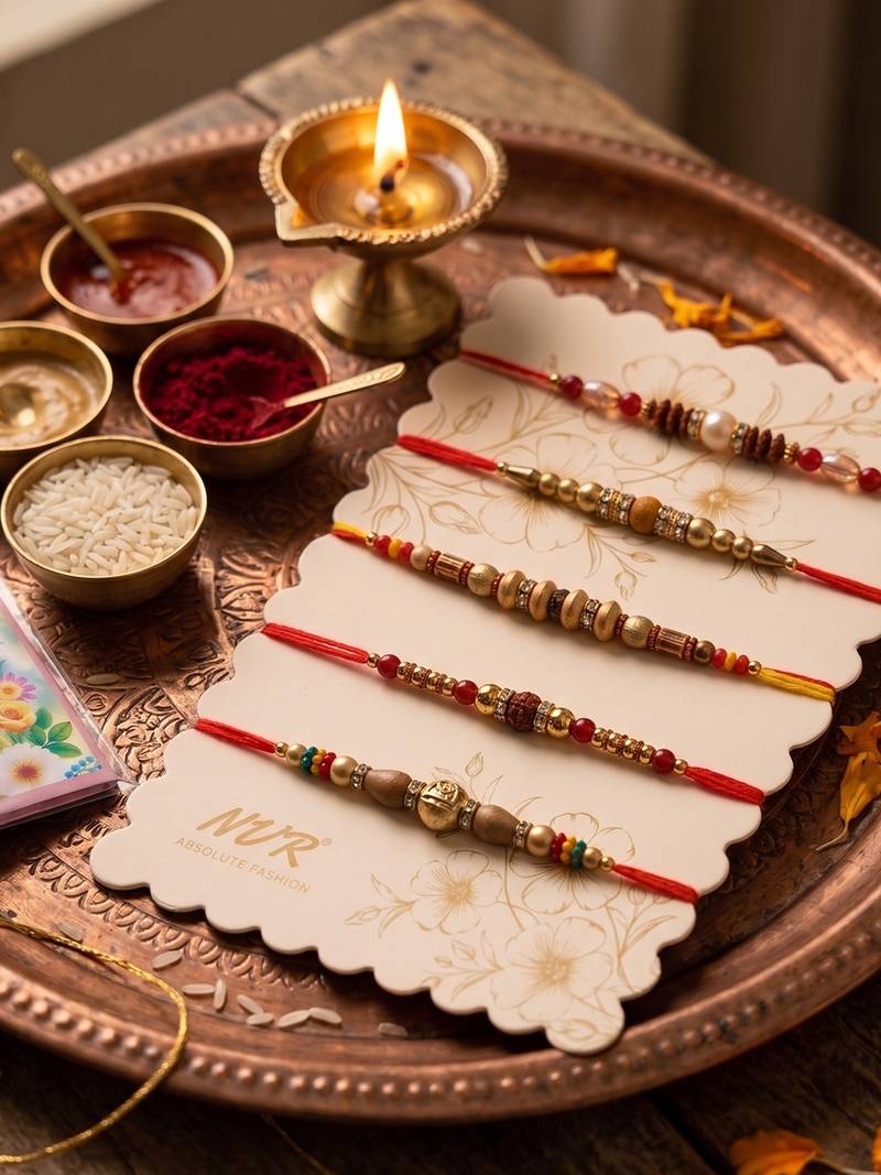 set of 5 multicolor designer thread rakhi with roli chawal chandan mishri