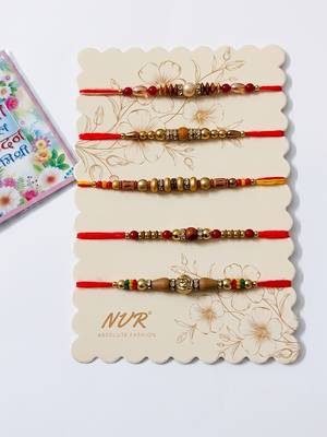 set of 5 multicolor designer thread rakhi with roli chawal chandan mishri 2