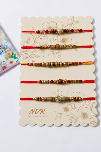 set of 5 multicolor designer thread rakhi with roli chawal chandan mishri