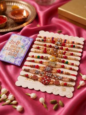 set of 10 multicolor designer thread rakhi with roli chawal chandan mishri 1