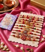 set of 10 multicolor designer thread rakhi with roli chawal chandan mishri