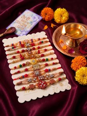 set of 10 multicolor designer thread rakhi with roli chawal chandan mishri 2