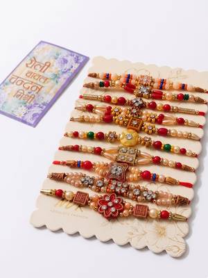 set of 10 multicolor designer thread rakhi with roli chawal chandan mishri 3