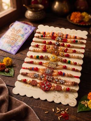 set of 10 multicolor designer thread rakhi with roli chawal chandan mishri 4
