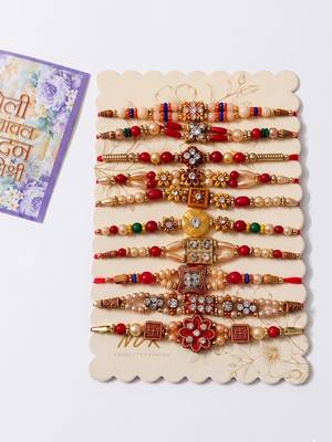set of 10 multicolor designer thread rakhi with roli chawal chandan mishri 5