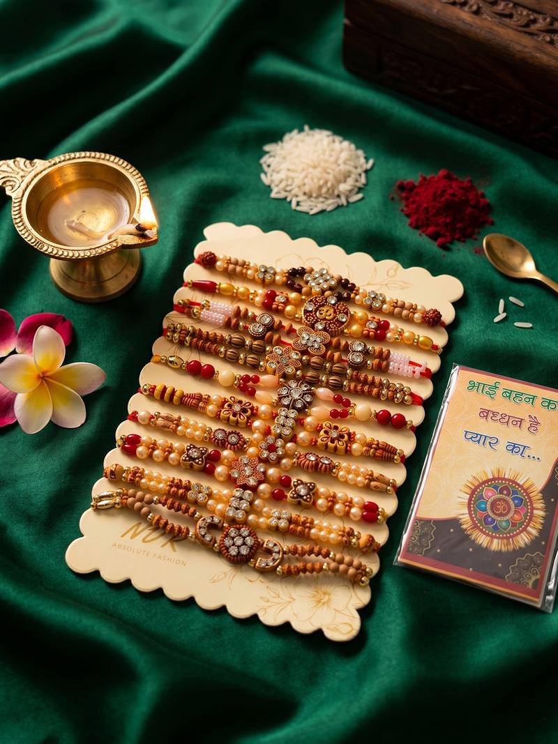 set of 10 multicolor designer thread rakhi with roli chawal chandan mishri