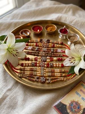 set of 10 multicolor designer thread rakhi with roli chawal chandan mishri 2