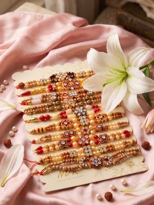 set of 10 multicolor designer thread rakhi with roli chawal chandan mishri 3