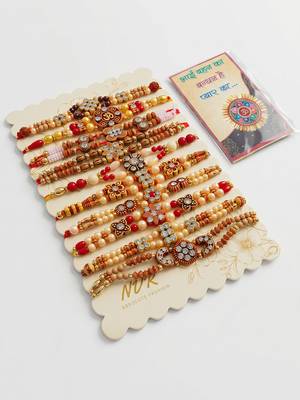 set of 10 multicolor designer thread rakhi with roli chawal chandan mishri 4
