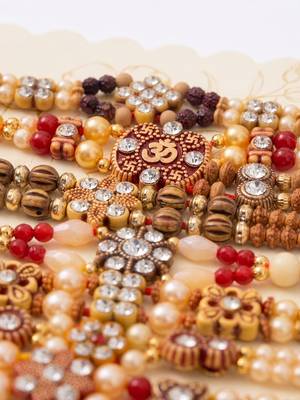 set of 10 multicolor designer thread rakhi with roli chawal chandan mishri 5