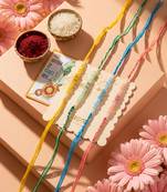 set of 4 multicolor artificial beads thread rakhi with roli chawal chandan mishri