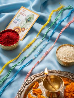 set of 4 multicolor artificial beads thread rakhi with roli chawal chandan mishri 5