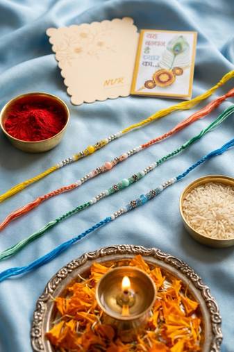 set of 4 multicolor artificial beads thread rakhi with roli chawal chandan mishri