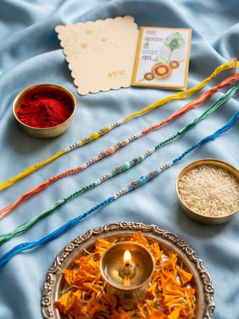set of 4 multicolor artificial beads thread rakhi with roli chawal chandan mishri