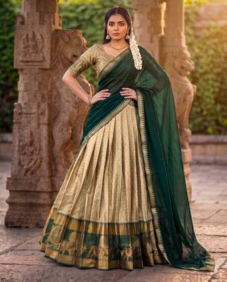 Women's South Indian Style Poly Cotton Zari Weaving Woven Lehenga Choli with Georgette Dupatta 2