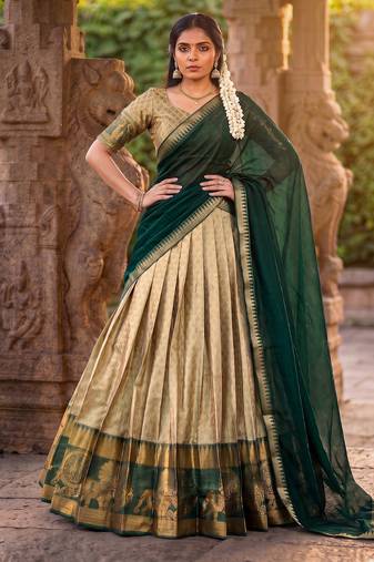 Women's South Indian Style Poly Cotton Zari Weaving Woven Lehenga Choli with Georgette Dupatta