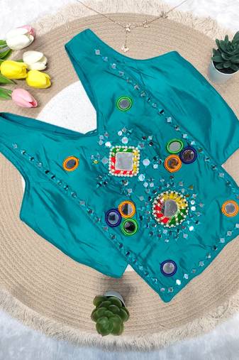 Teal blue navratri rayon silk blend mirror work blouse