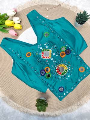 Teal blue navratri rayon silk blend mirror work blouse 2