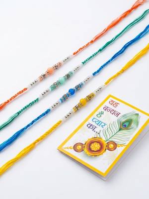 set of 4 multicolor artificial beads thread rakhi with roli chawal chandan mishri 5