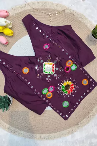 Wine navratri rayon silk blend mirror work blouse