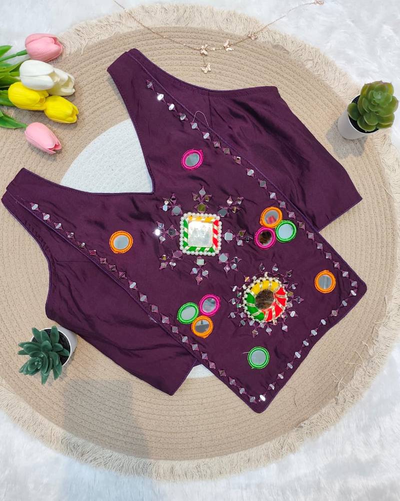 Wine navratri rayon silk blend mirror work blouse