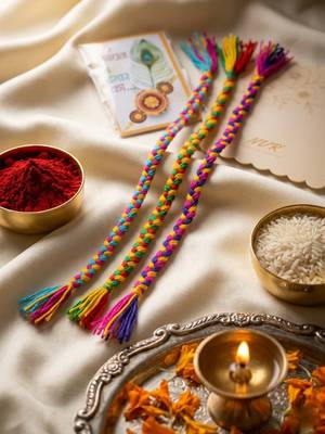 set of 3 multicolor thread rakhi with roli chawal chandan mishri 1
