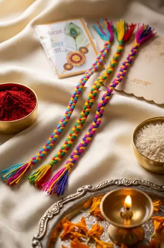 set of 3 multicolor thread rakhi with roli chawal chandan mishri