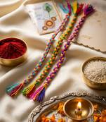 set of 3 multicolor thread rakhi with roli chawal chandan mishri