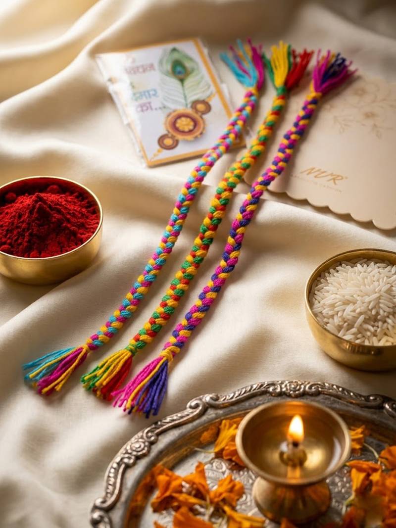 set of 3 multicolor thread rakhi with roli chawal chandan mishri