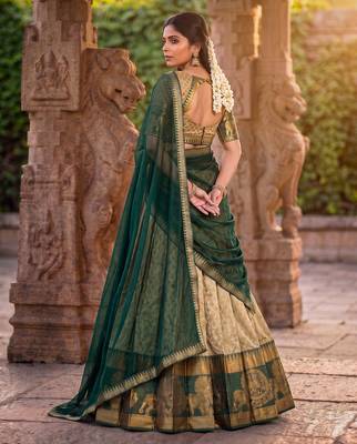 Women's South Indian Style Poly Cotton Zari Weaving Woven Lehenga Choli with Georgette Dupatta 4