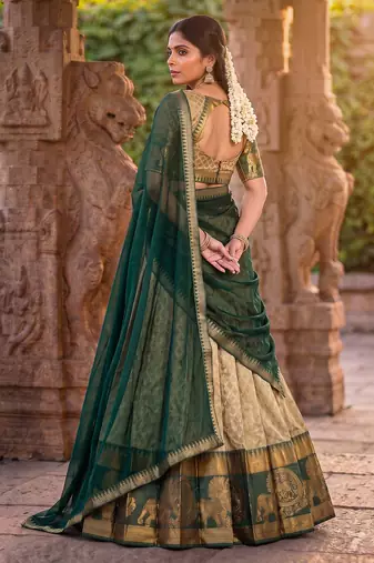 Women's South Indian Style Poly Cotton Zari Weaving Woven Lehenga Choli with Georgette Dupatta