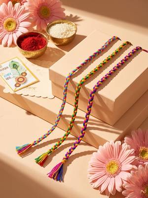 set of 3 multicolor thread rakhi with roli chawal chandan mishri 2