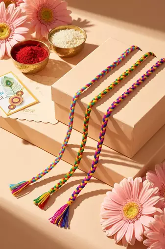 set of 3 multicolor thread rakhi with roli chawal chandan mishri