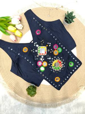 Navy blue navratri rayon silk blend mirror work blouse 1