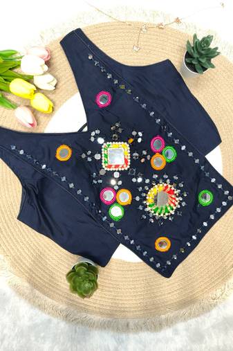 Navy blue navratri rayon silk blend mirror work blouse