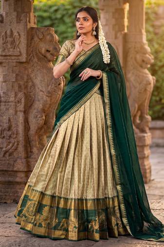 Women's South Indian Style Poly Cotton Zari Weaving Woven Lehenga Choli with Georgette Dupatta