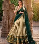 Women's South Indian Style Poly Cotton Zari Weaving Woven Lehenga Choli with Georgette Dupatta